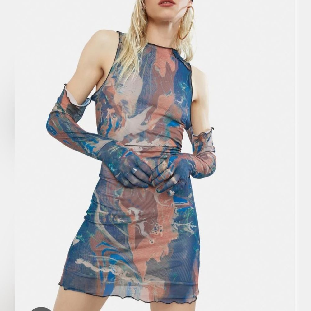 Jaded London Marble Print Cold Shoulder Glove‎ Detail Mesh Mini Dress